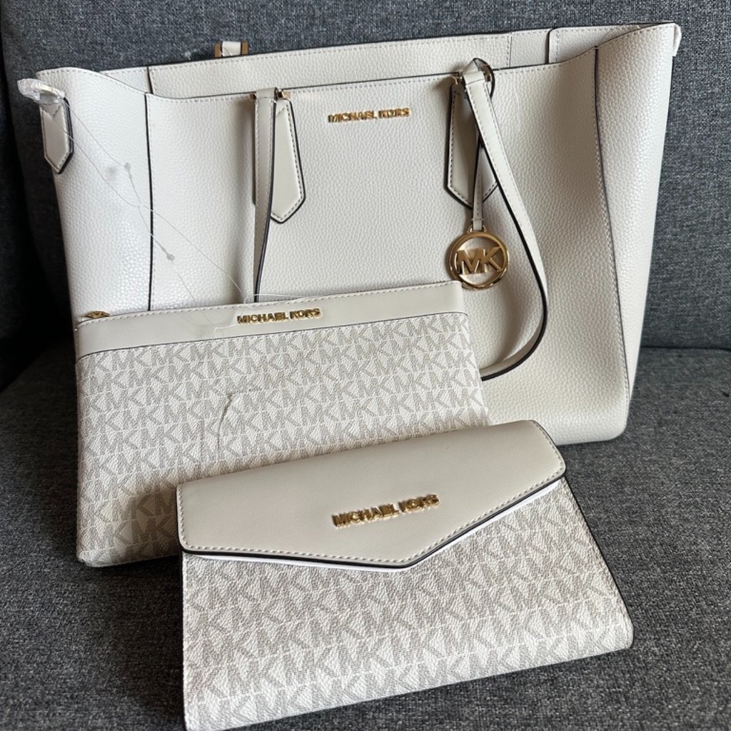 Nwt! Mk Michael Kors Kimberly 3 In 1 Set Vanilla Leather Tote/Crossbody/Clutch